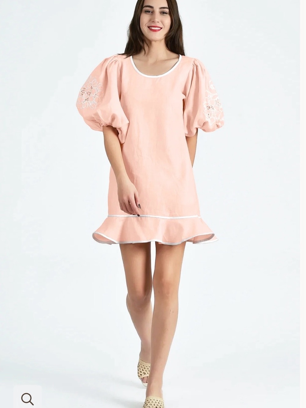Fanm Mon Mardin Dress Women's Size M Peach 100% Linen Embroidered Puff Sleeve
